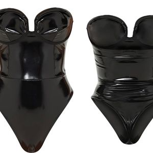 Black vinyl bodysuit